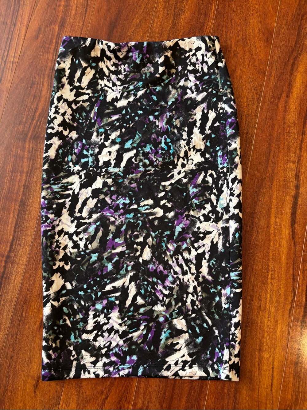 Abstract Print Pencil Skirt in Black, White & Purple Teal